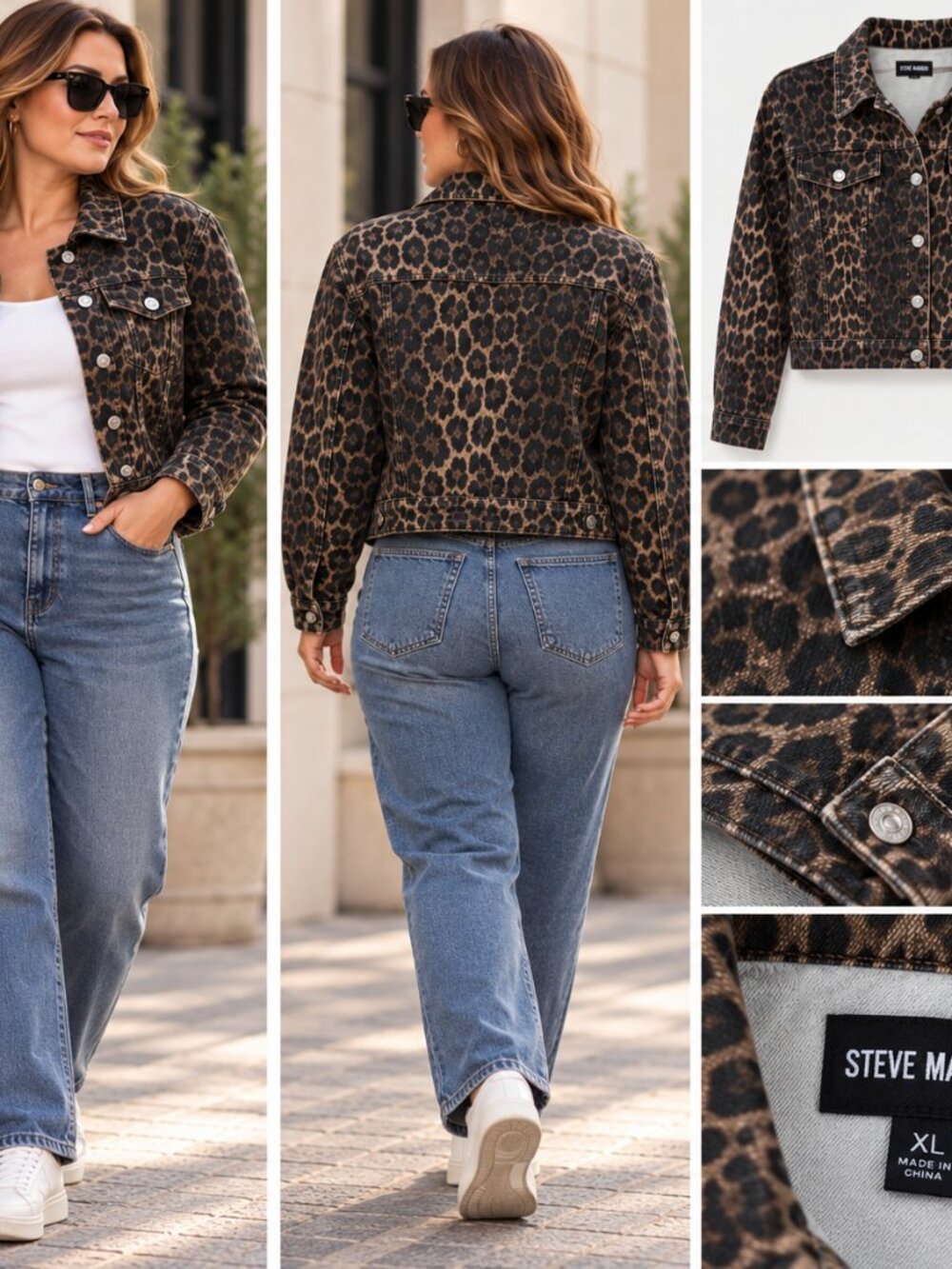 Steve Madden Leopard Print Denim Jacket XL Cropped Animal Print Trucker